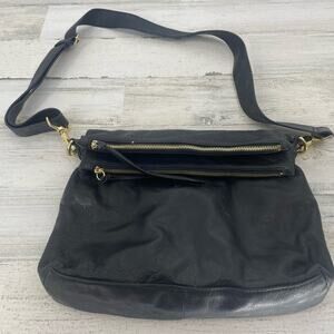 Margot Double Zip Fold-Over Triple Compartment Black Leather Crossbody Handbag